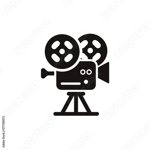 Retro movie camera icon, old film projector silhouette, vintage cinema production symbol on tripod