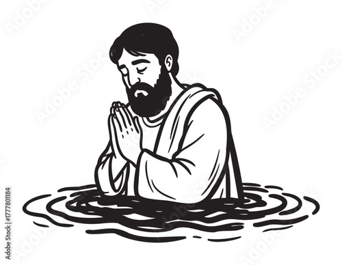 Black and white drawing of a bearded man with closed eyes and clasped hands, standing waist-deep in water.