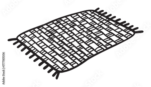 Black outline sketch of a woven rectangular rug with fringe details on all sides.
