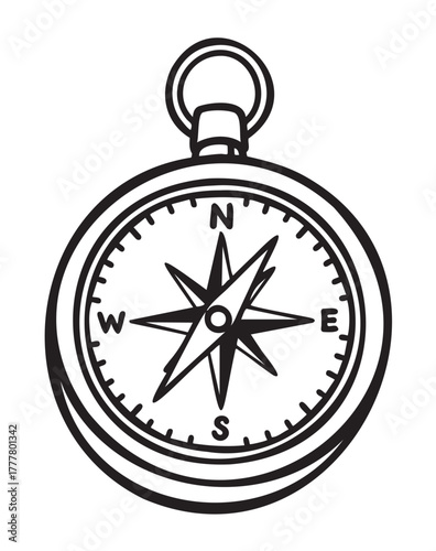Black outline drawing of a classic compass with a central needle pointing north and cardinal directions marked at the edges.