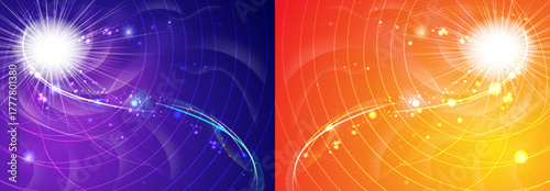 Abstract digital art split screen with glowing orbs and swirling energy in purple and orange hues