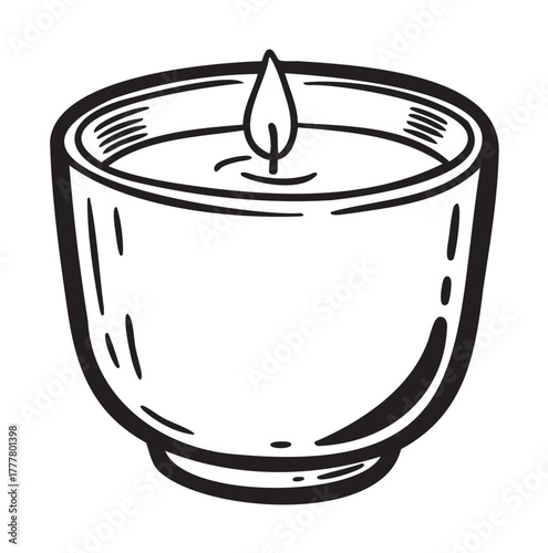 Black outline vector icon of a simple round candle in a small cup with a visible flame on top, indicating a minimal and elegant design.