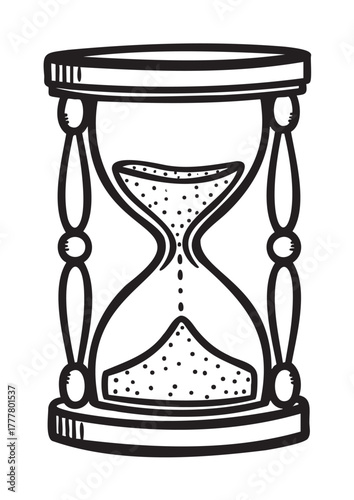 Black and white line drawing of a classic hourglass with sand flowing from the top to the bottom, symbolizing the passage of time.