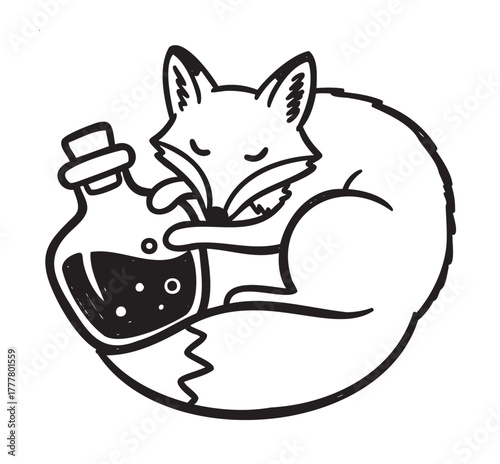 Black outline vector drawing of a curled up fox peacefully holding a potion bottle. minimalistic illustration for fantasy and woodland themes.