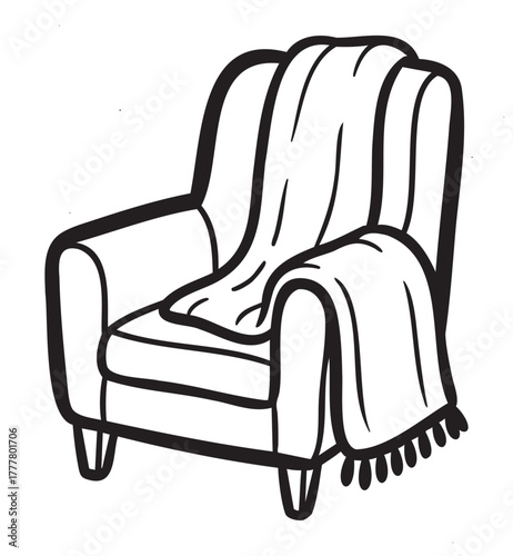 Black and white outline drawing of a cozy armchair with a draped blanket over the backrest, showcasing simple home comfort and interior design elements.