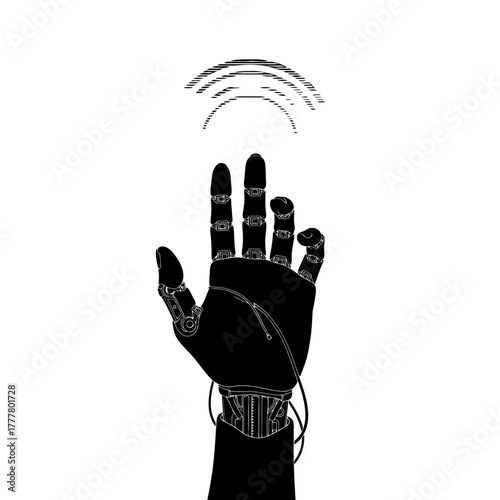 Robotic hand reaching out with digital waves emanating from fingertips silhouette
