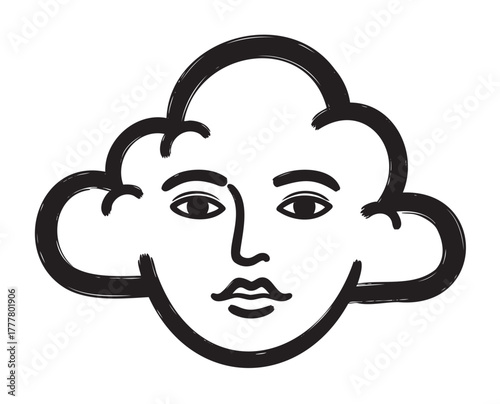 Black outline artistic illustration of a human face seamlessly integrated into a cloud shape, conveying a surreal and imaginative concept.