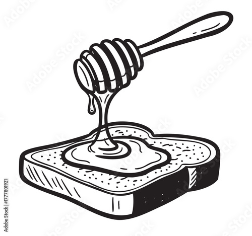Hand-drawn illustration of a honey dipper dripping honey onto a slice of bread, showcasing a simple breakfast concept.