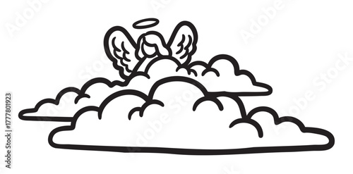 Black outline vector drawing of an angel with a halo and wings nestled among fluffy clouds, conveying a peaceful and celestial appearance.