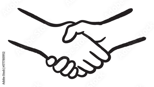 Black outline drawing of two hands engaged in a handshake, symbolizing agreement and partnership.