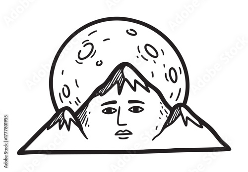 Black and white line drawing of a mountain with a human face under a full moon, featuring crater details on the moon's surface.