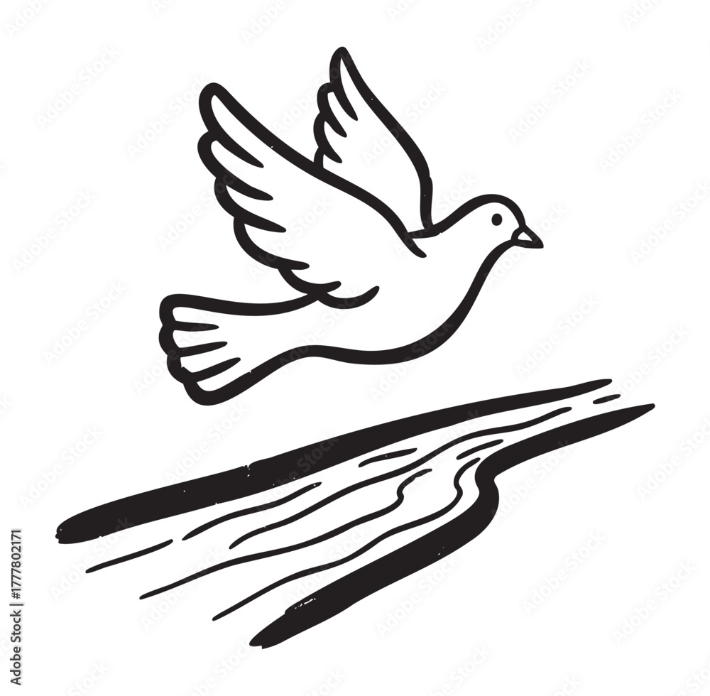 Obraz premium Black outline vector icon of a dove flying above a curved branch. minimal line drawing ideal for peace and freedom concepts.