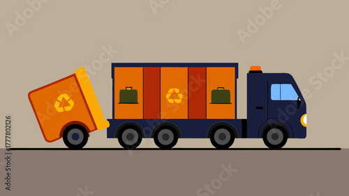 Recycling truck collecting waste, colorful and modern design, on a simple background
