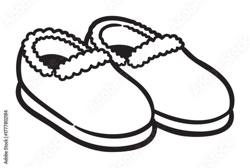 Black outline of cozy fleece-lined slippers with a simple and minimal design, perfect for comfort and relaxation.