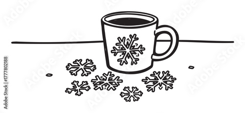 Black outline drawing of a mug with a snowflake design, surrounded by scattered snowflakes on a flat surface.