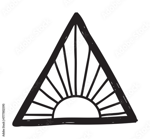 Black outline drawing of a stylized triangular sunburst design, featuring a sun rising within the shape, symbolizing dawn or new beginnings.