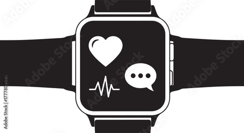 Smartwatch with Heart and Message Icons.  Wearable technology, health monitoring, and communication graphic