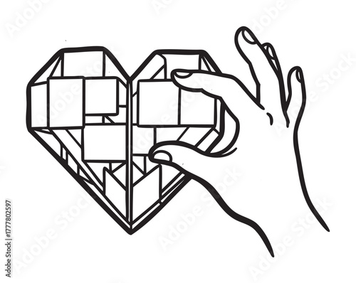 Line art of a hand assembling a geometric heart-shaped puzzle with cubic patterns, showcasing puzzle-solving and creativity.