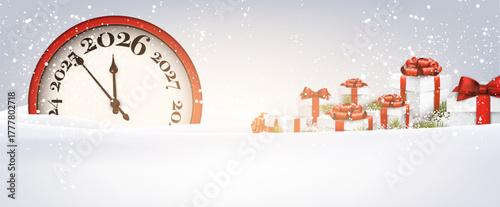 Vector illustration of a festive New Year 2026 countdown clock in snowy scenery with Christmas gifts and decorations.