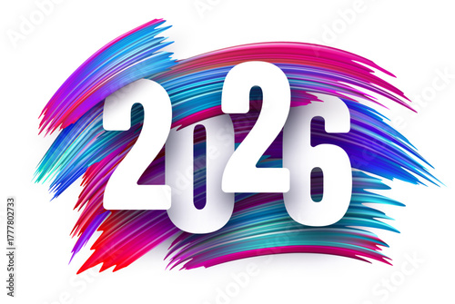 Bold white 2026 numbers over dynamic multicolor paint streaks. Vector illustration.