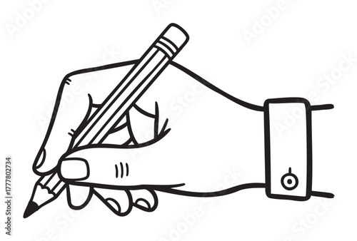 Black outlined hand holding a pencil, sketching or writing, with detailed focus on the fingers and pencil grip.