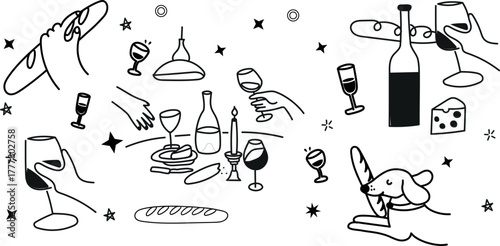 Elegant doodle vector pack showcasing fine dining, drinks, and celebration in minimal black and white outlines.