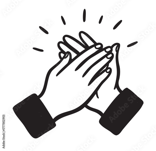 Black and white line drawing of two hands clapping with emphasis lines indicating motion and action.