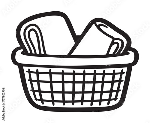 Black outline illustration of a wicker basket containing two neatly folded towels, suitable for home and laundry themes.