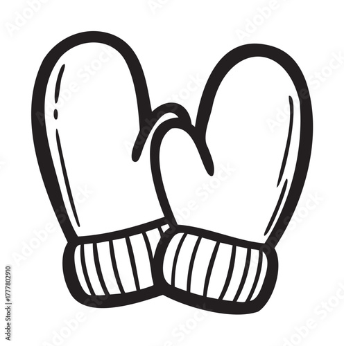 Black outline drawing of knitted mittens with ribbed cuffs, connected together, ideal for winter fashion or cold weather concepts.