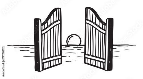 Black outline drawing of two open saloon-style wooden doors with vertical slats, revealing a sun setting over a horizontal line.