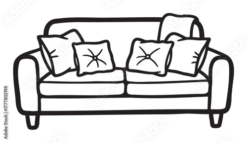 Black outline drawing of a comfortable two-seater sofa with five decorative pillows and a throw blanket draped over the backrest.