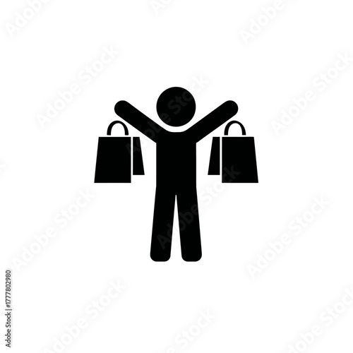 Black silhouette icon of a joyful person holding shopping bags, representing consumer satisfaction, retail therapy, and successful commerce.