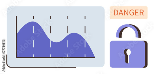 Chart with fluctuating data, open padlock symbol, and danger label highlighting cybersecurity concerns. Ideal for cybersecurity, risk assessment, data safety, analytics protection, network security