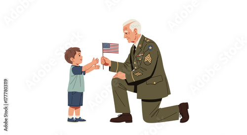 Veteran and boy celebrating Memorial Day, honoring veterans and promoting patriotism, for educational and commemorative use