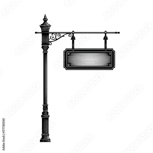 Elegant vintage black metal street sign pole with an ornate blank hanging plaque, old-fashioned design, isolated on white for customization.