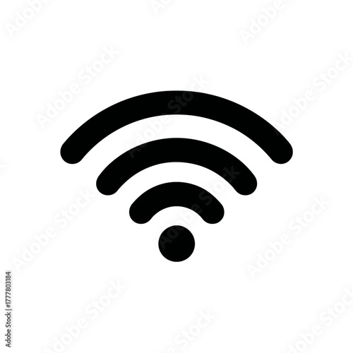 Modern black Wi-Fi signal icon on a white background, symbolizing wireless internet connectivity, network access, and digital technology.