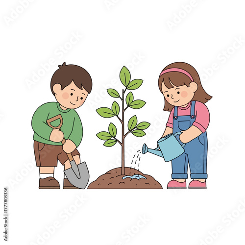 Illustration of a boy digging and a girl watering a newly planted tree.