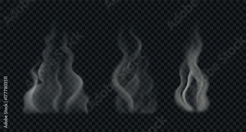 PNG smoke from hot food, tea or coffee. Set of wavy steam isolated on transparent background