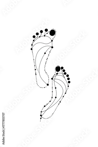 Geometric human footprints illustration, abstract black and white design with dots and lines, minimalist anatomy or reflexology concept.