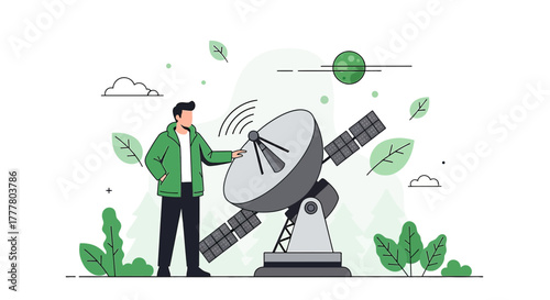 Modern vector illustration of a man interacting with a satellite dish antenna