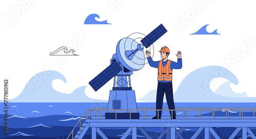 Offshore worker near a satellite communication array antenna and ocean background conveys safety