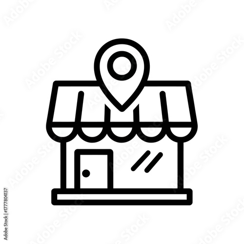 Storefront icon with location pin. Shop building outline symbol for local business, retail, market, map pointer, address, navigation.