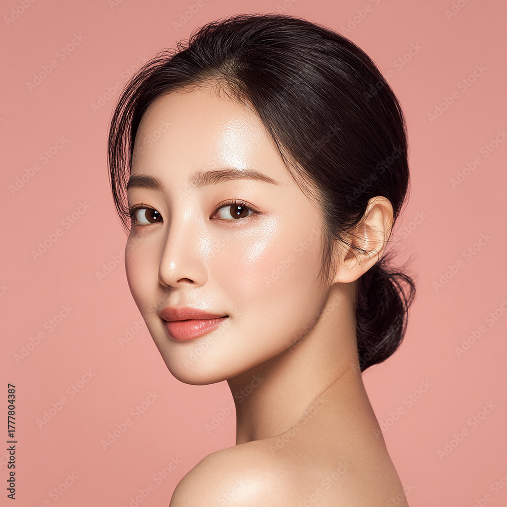 Fototapeta premium ピンクの背景に映える、透明感とツヤのある肌を持つ韓国人女性のポートレート