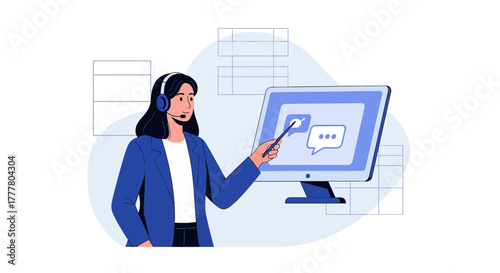 Professional woman in a headset pointing to a computer screen illustration showcasing business
