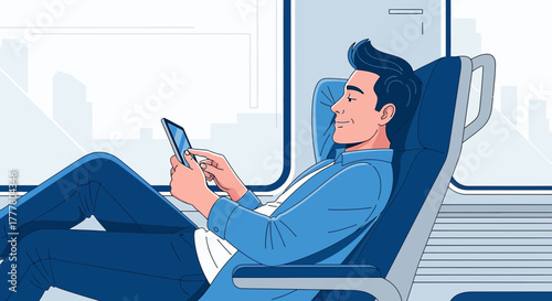 Relaxed passenger enjoying mobile entertainment during train travel illustration