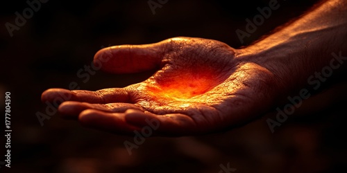 glowing hand with energy effect in dark environment, power and mysticism concept
