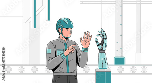 Robotics engineer interacting with advanced robotic arm in a manufacturing setting