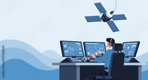 Satellite control center operator monitoring spacecraft data on multiple screens