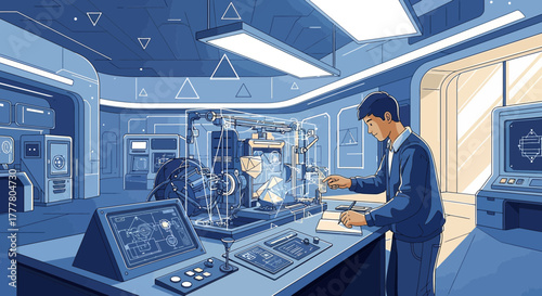 Scientist analyzing 3D printing technology in a futuristic laboratory setting using advanced