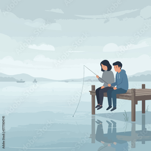 A young couple sits together on a wooden pier, fishing on a calm lake on an overcast day.